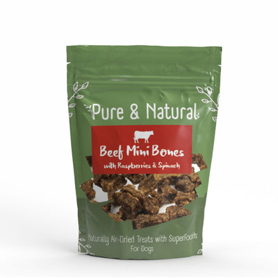 Pure & Natural Air Dried Beef Mini Bones Treats with Superfoods Raspberries & Spinach 100g