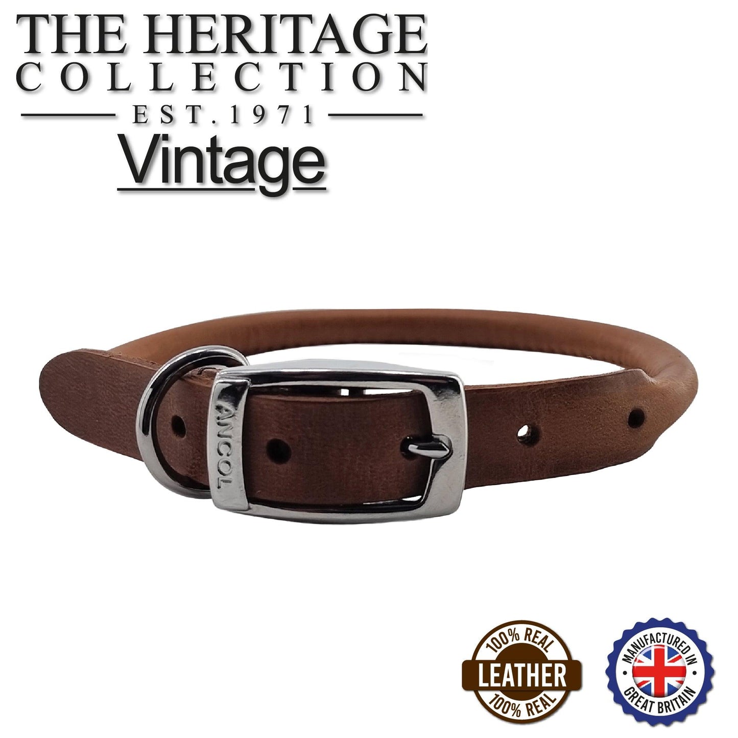 Ancol Round Leather Collar Chestnut 45-54cm Size 6 - Ormskirk Pets
