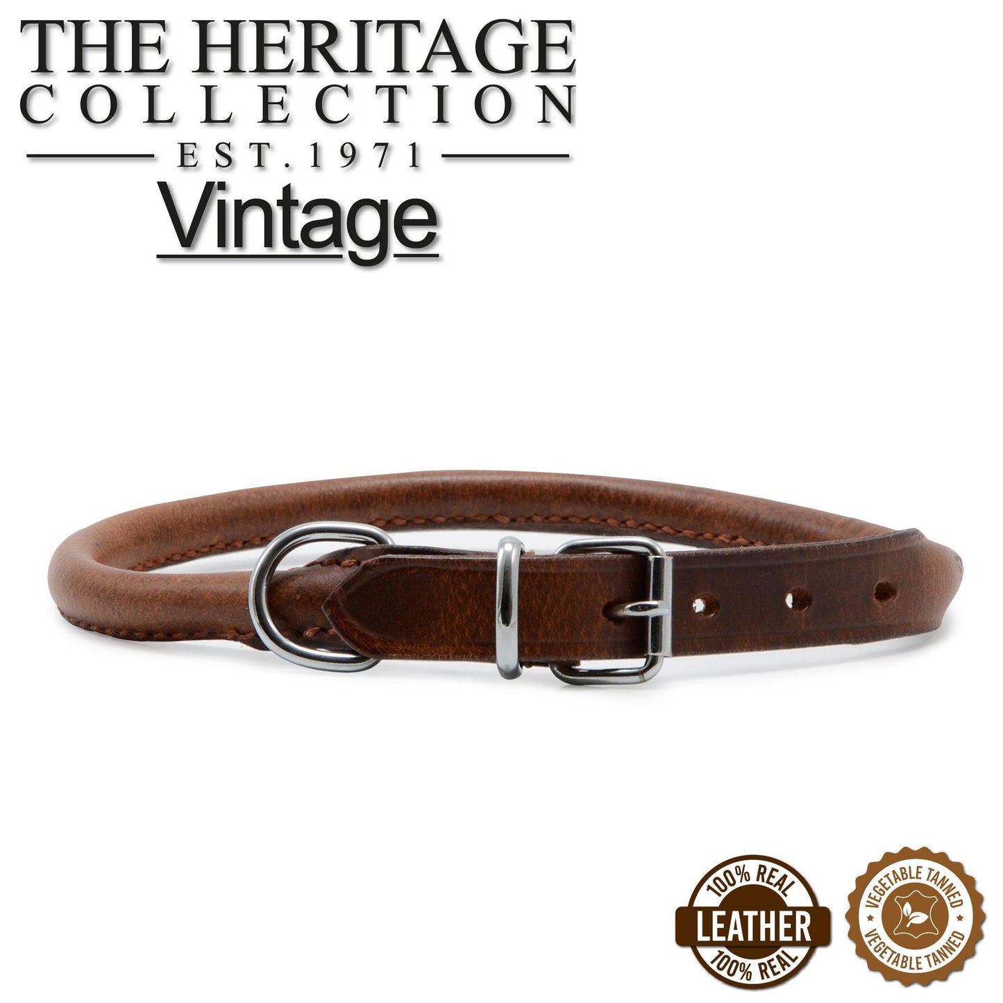 Ancol Round Leather Collar Chestnut 55-63cm Size 8 - Ormskirk Pets