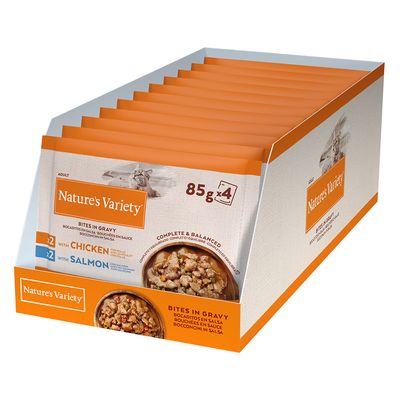 BB: 06/25 - Natures Variety Chicken and Salmon Bites in Gravy Cat Pate 85g x 4 pouches