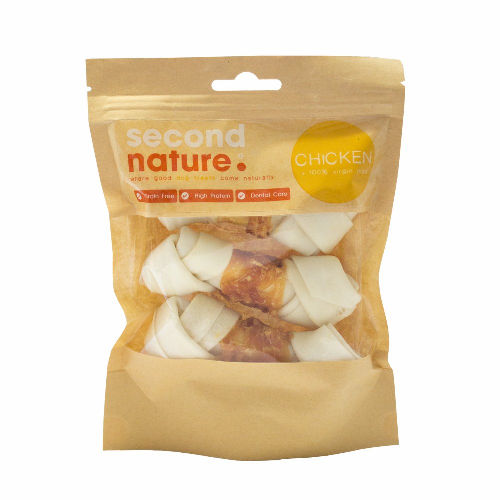 Second Nature Dog Treats 4.5in Whitehide Knotted Bone Wrapped in Chicken 3pk