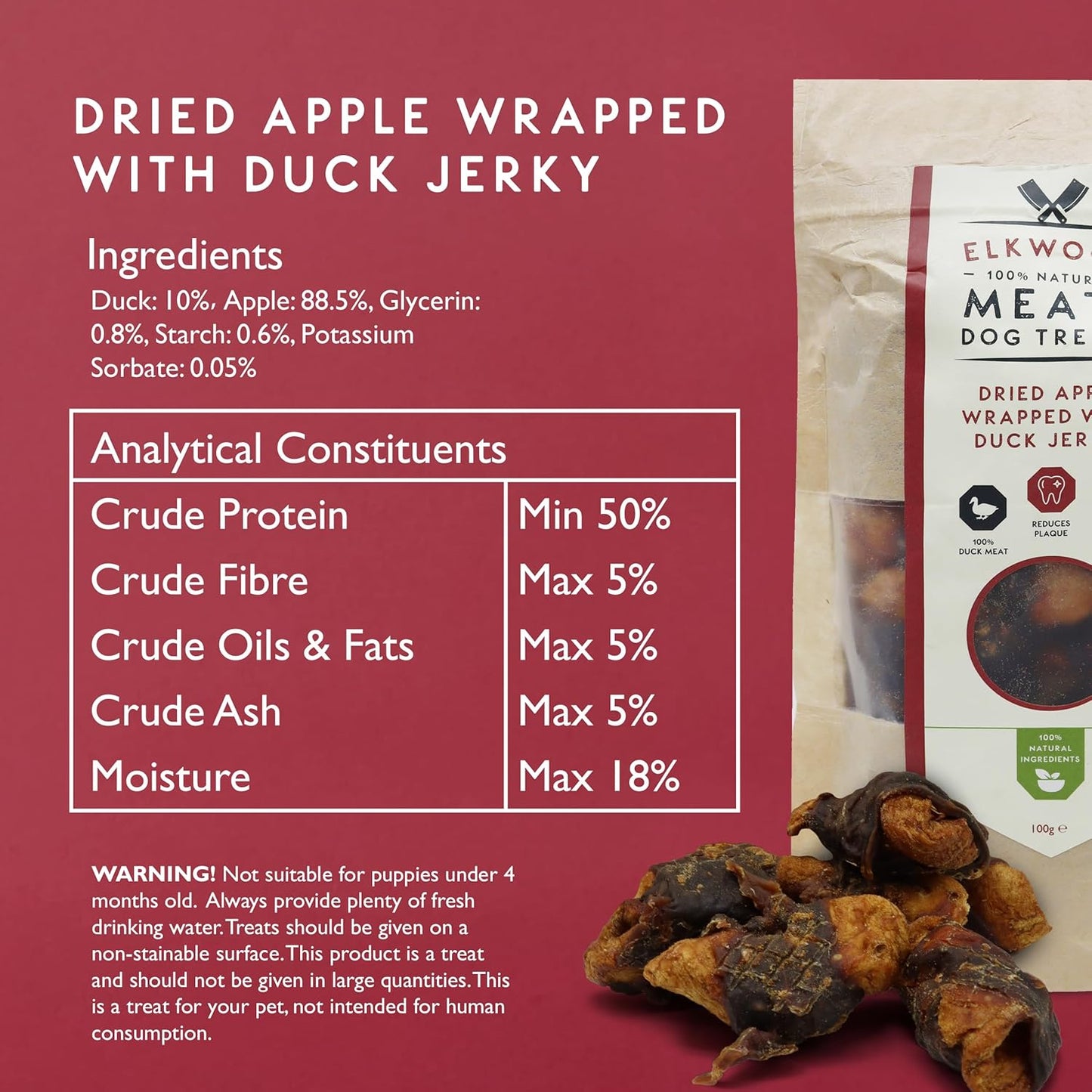 Elkwood 100% Natural Meaty Dog Treats Dried Apple Chunks Wrapped With Duck Jerky 100g