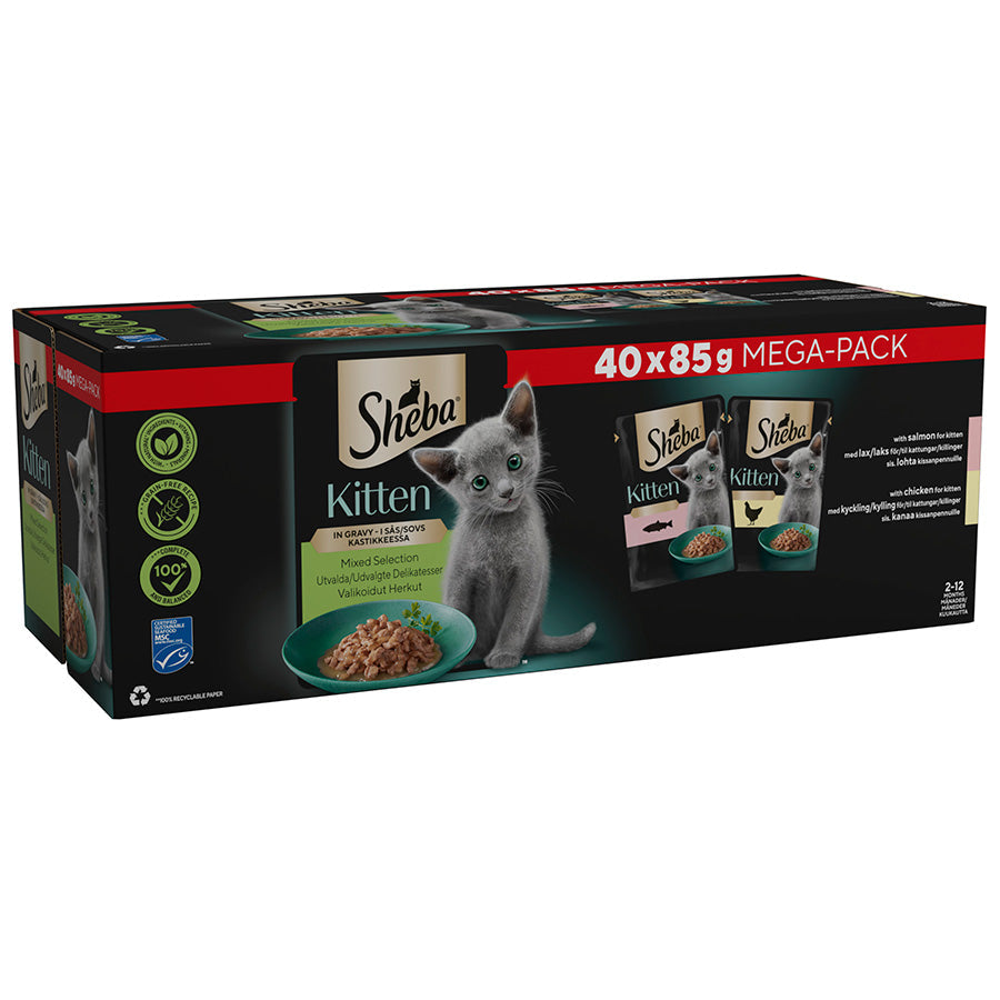 SHEBA Mixed Selection Kitten Wet Cat Food in Gravy 40 Pack, 85G
