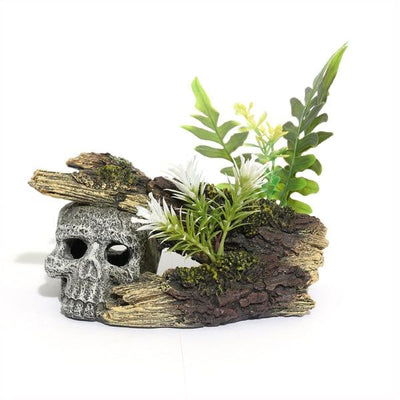 Rosewood Skull Log With Plants Small Ornament - Ormskirk Pets