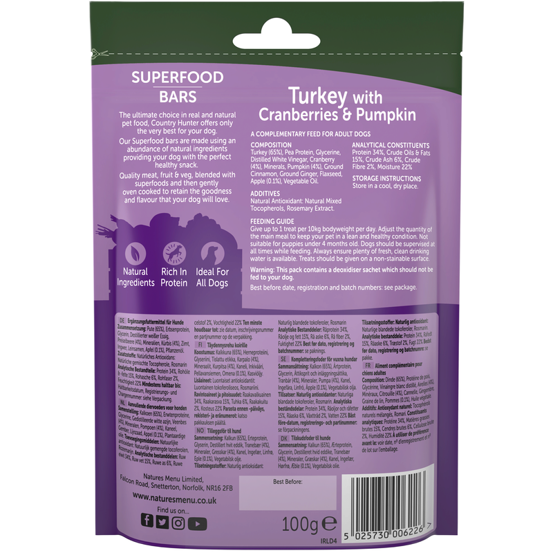 Natures Menu Country Hunter Superfood Bar Turkey with Cranberries & Pumpkin 100g