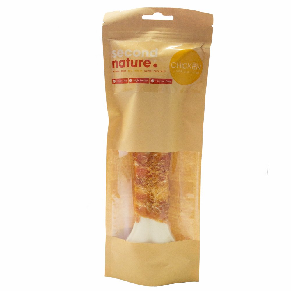 Second Nature Dog Treats 8.5in Whitehide Pressed Bone Wrapped in Chicken 1pk