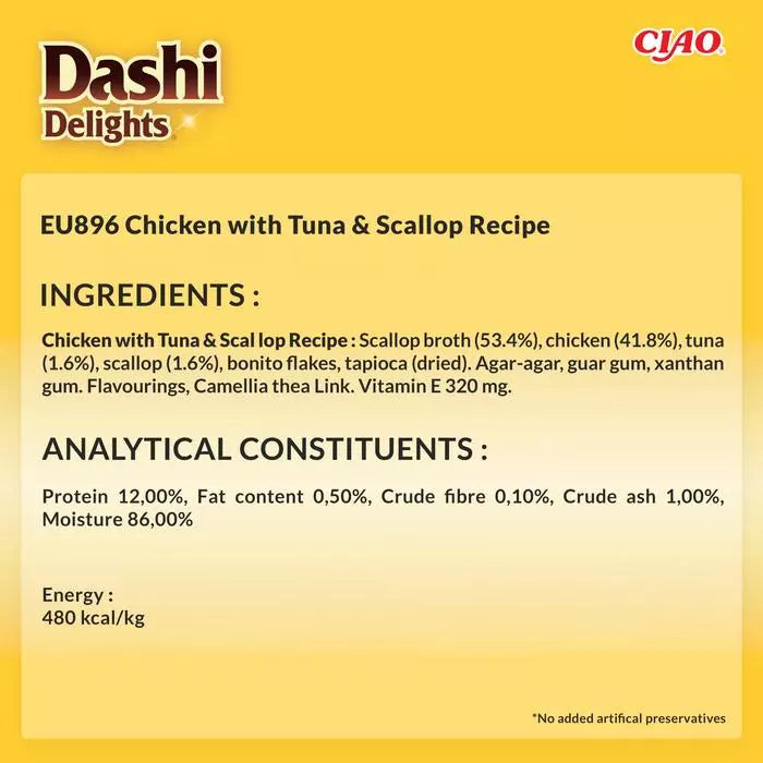 Dashi Delights Delicate Flakes Chicken with Tuna & Scallop Recipe Cat Wet Pouches 40gx12