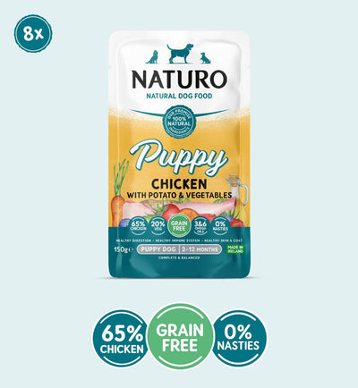 Naturo Puppy Grain Free Chicken with Potato & Vegetables Pouch, 150g x 8
