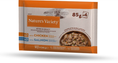 BB: 06/25 - Natures Variety Chicken and Salmon Bites in Gravy Cat Pate 85g x 4 pouches