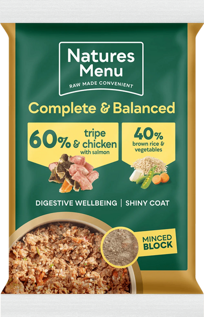 Natures Menu 60/40 Tripe and Chicken with Salmon, Vegetables and Brown Rice Block 300g - Ormskirk Pets