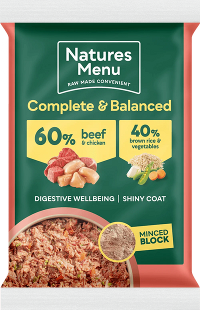 Natures Menu 60/40 Beef and Chicken with Vegetables and Brown Rice Block 300g - Ormskirk Pets