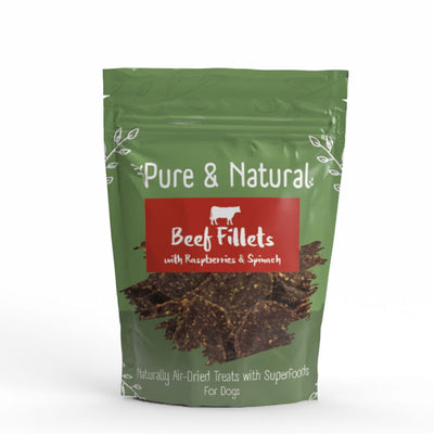 Pure & Natural Air Dried Beef Fillets Treats with Superfoods Raspberries & Spinach 100g