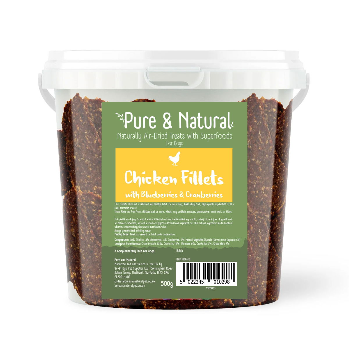 Pure & Natural Air Dried Chicken Fillets Treats with Superfoods Blueberries & Cranberries Tub 500g