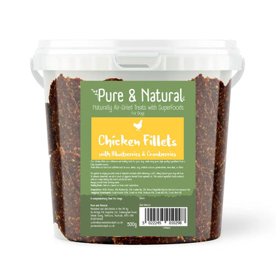 Pure & Natural Air Dried Chicken Fillets Treats with Superfoods Blueberries & Cranberries Tub 500g