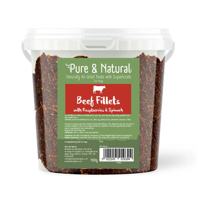 Pure & Natural Air Dried Beef Fillets Treats with Superfoods Raspberries & Spinach Tub 500g