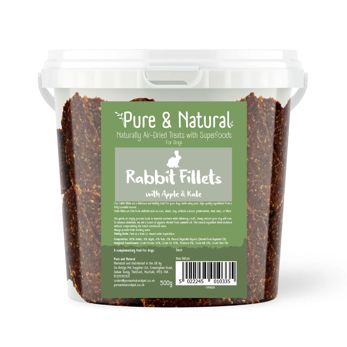 Pure & Natural Air Dried Rabbit Fillets Treats with Superfoods Apple & Kale Tub 500g
