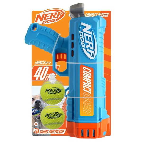 Nerf Dog Compact Blaster and 2.5in Non-Squeak Tennis Ball 12in 2pk