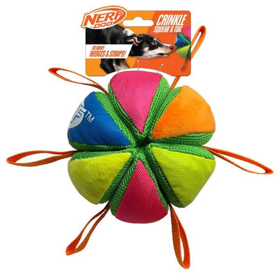 Nerf Dog Plush Squeak and Crunch Wedge Ball with Straps 5.9in