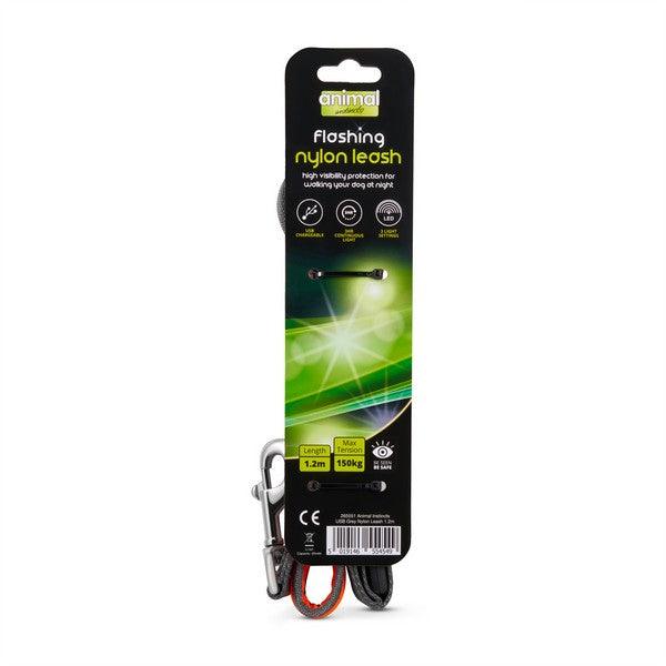 Animal Instincts Flashing Safety USB Nylon Leash Grey/Orange 1.2M - Ormskirk Pets