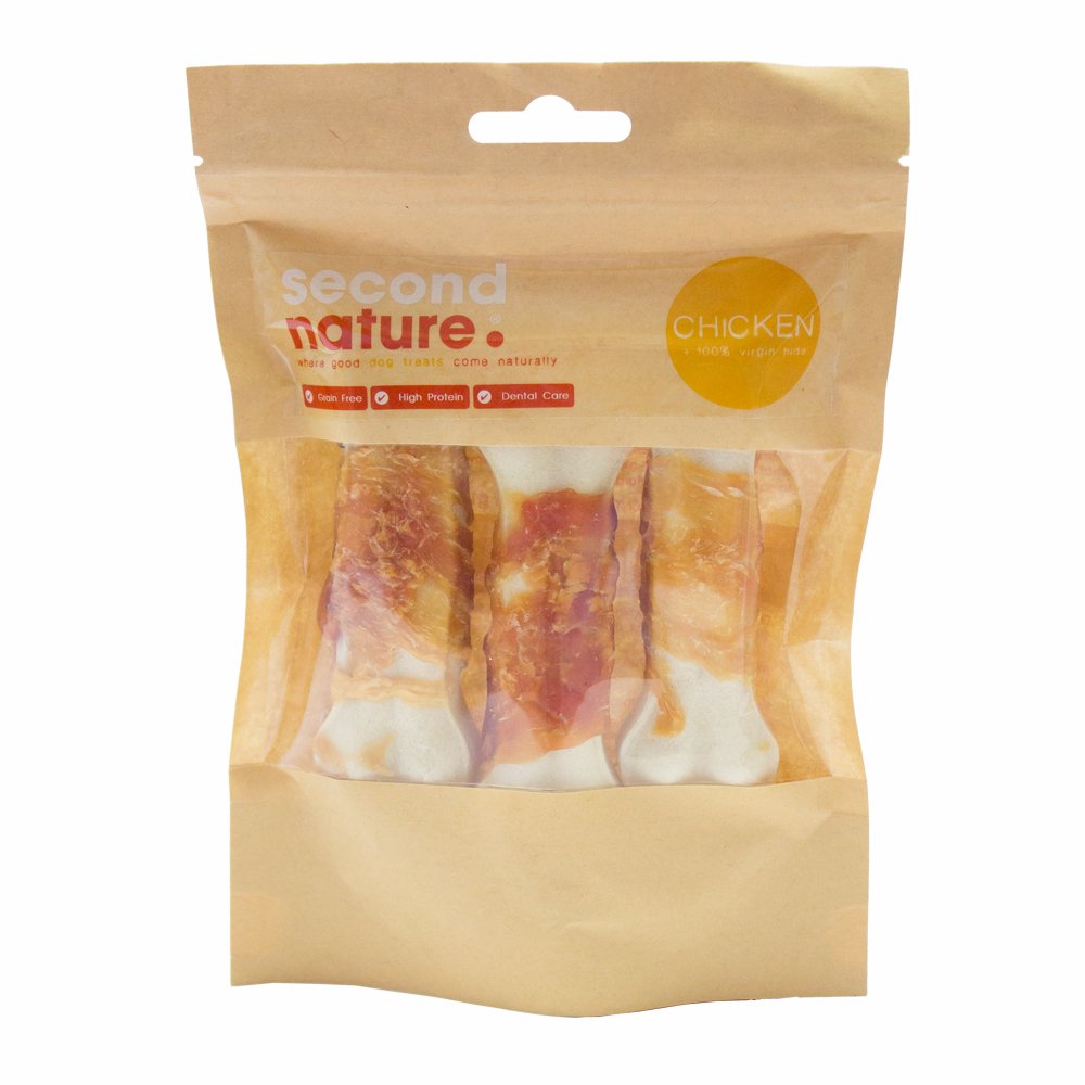 Second Nature Dog Treats 4in Whitehide Pressed Bone Wrapped in Chicken 3pk
