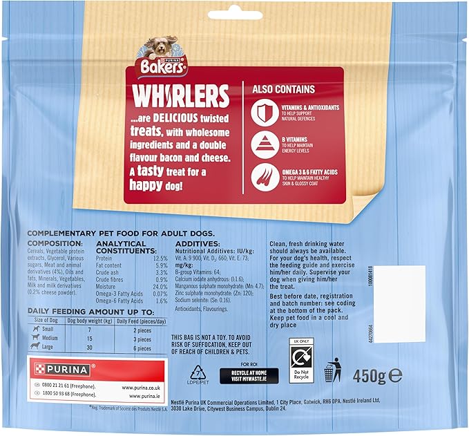 BAKERS Dog Treat Bacon and Cheese Whirlers 450g