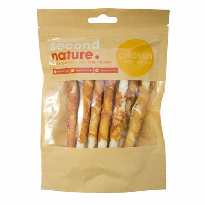 Second Nature Dog Treats 5in x 7/8mm Whitehide Twisted Stick Wrapped in Chicken 10pk