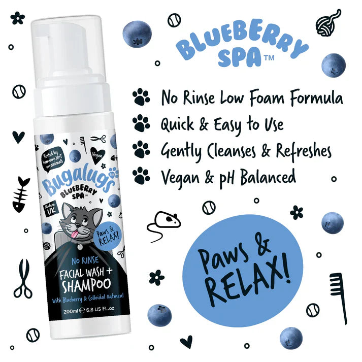 Bugalugs Blueberry Spa No Rinse Facial Wash Shampoo For Cats 200ml