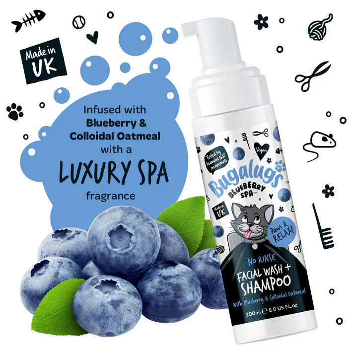 Bugalugs Blueberry Spa No Rinse Facial Wash Shampoo For Cats 200ml