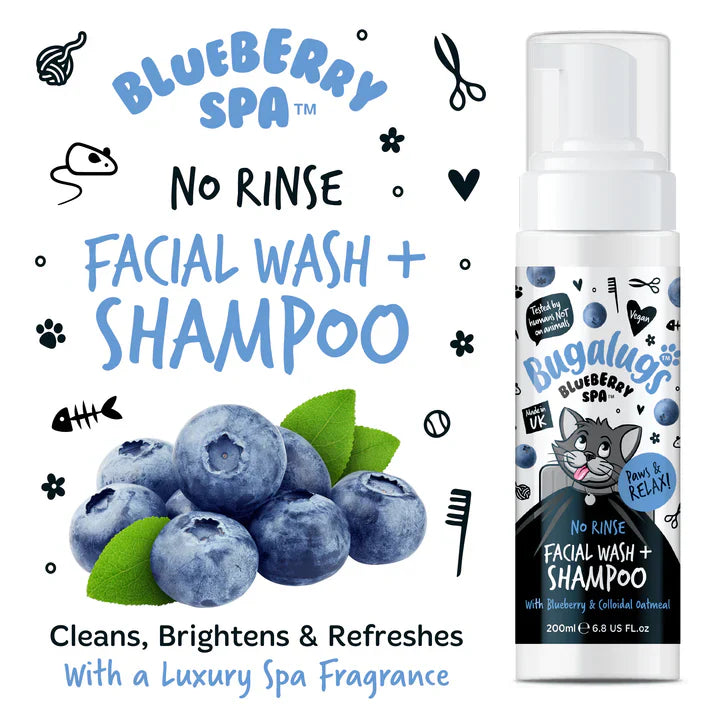 Bugalugs Blueberry Spa No Rinse Facial Wash Shampoo For Cats 200ml
