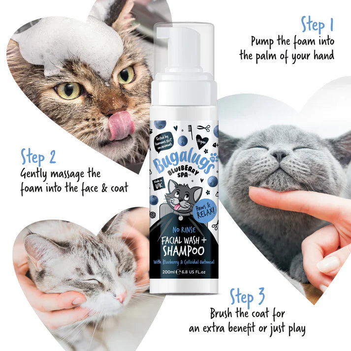 Bugalugs Blueberry Spa No Rinse Facial Wash Shampoo For Cats 200ml
