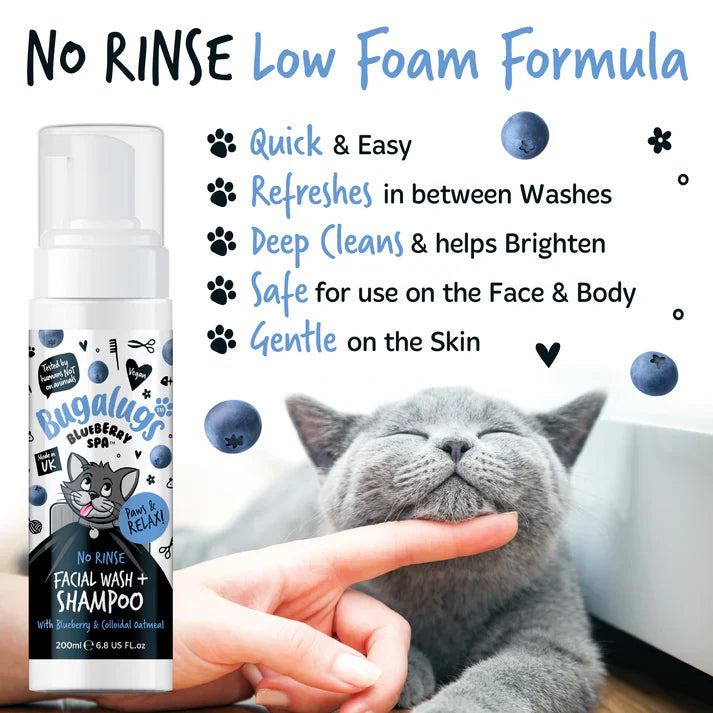 Bugalugs Blueberry Spa No Rinse Facial Wash Shampoo For Cats 200ml