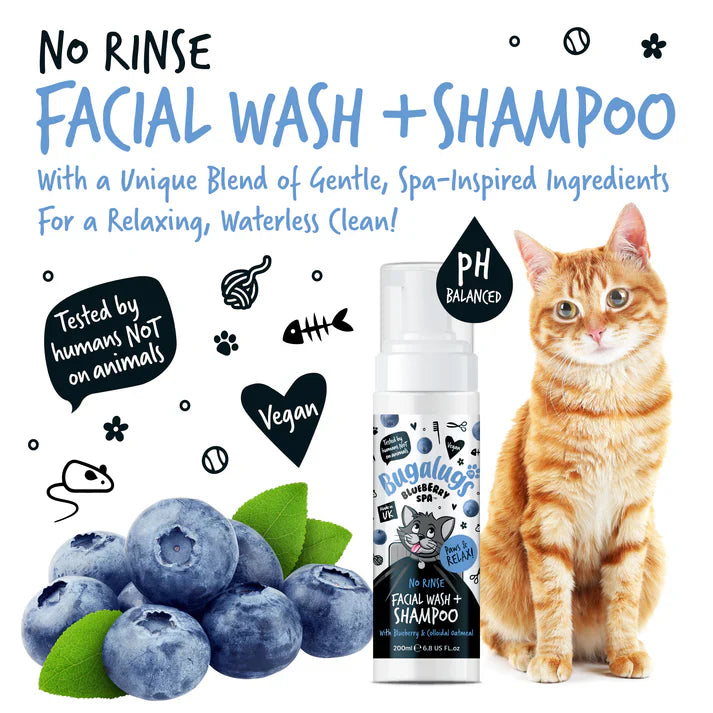 Bugalugs Blueberry Spa No Rinse Facial Wash Shampoo For Cats 200ml