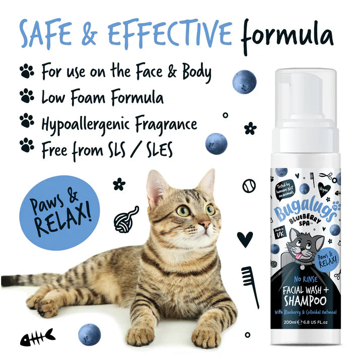 Bugalugs Blueberry Spa No Rinse Facial Wash Shampoo For Cats 200ml