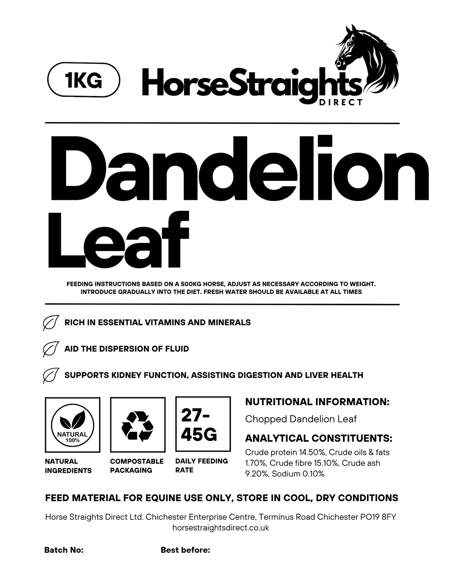 Horse Straights Direct Dandelion Leaf Chopped 1kg