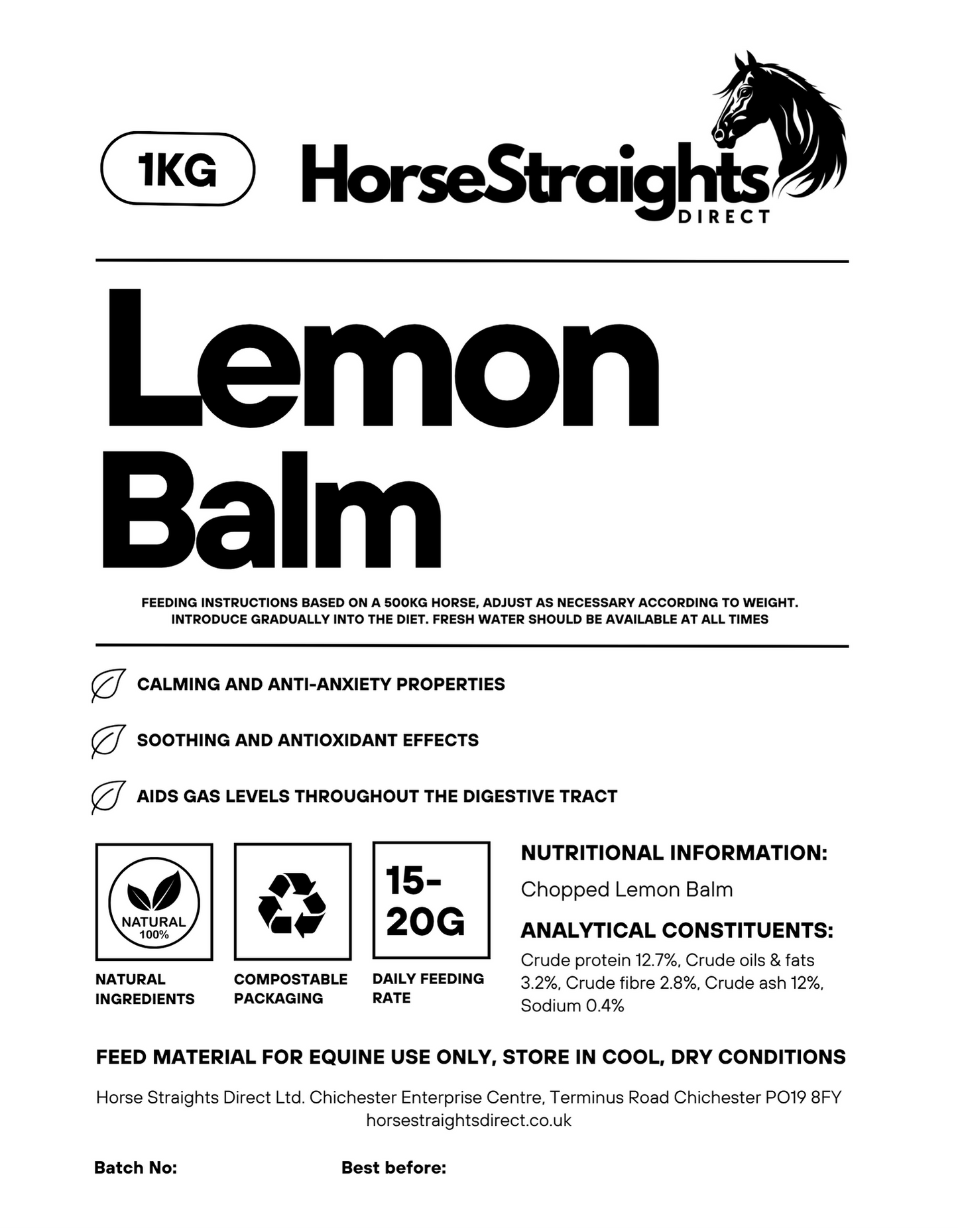 Horse Straights Direct Lemon Balm Chopped 1kg