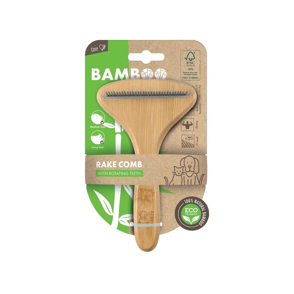 M-PETS Bamboo Rake Comb With Rotating Teeth