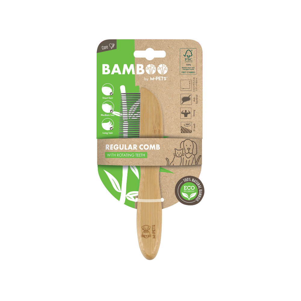 M-PETS Bamboo Regular Comb With Rotating Teeth