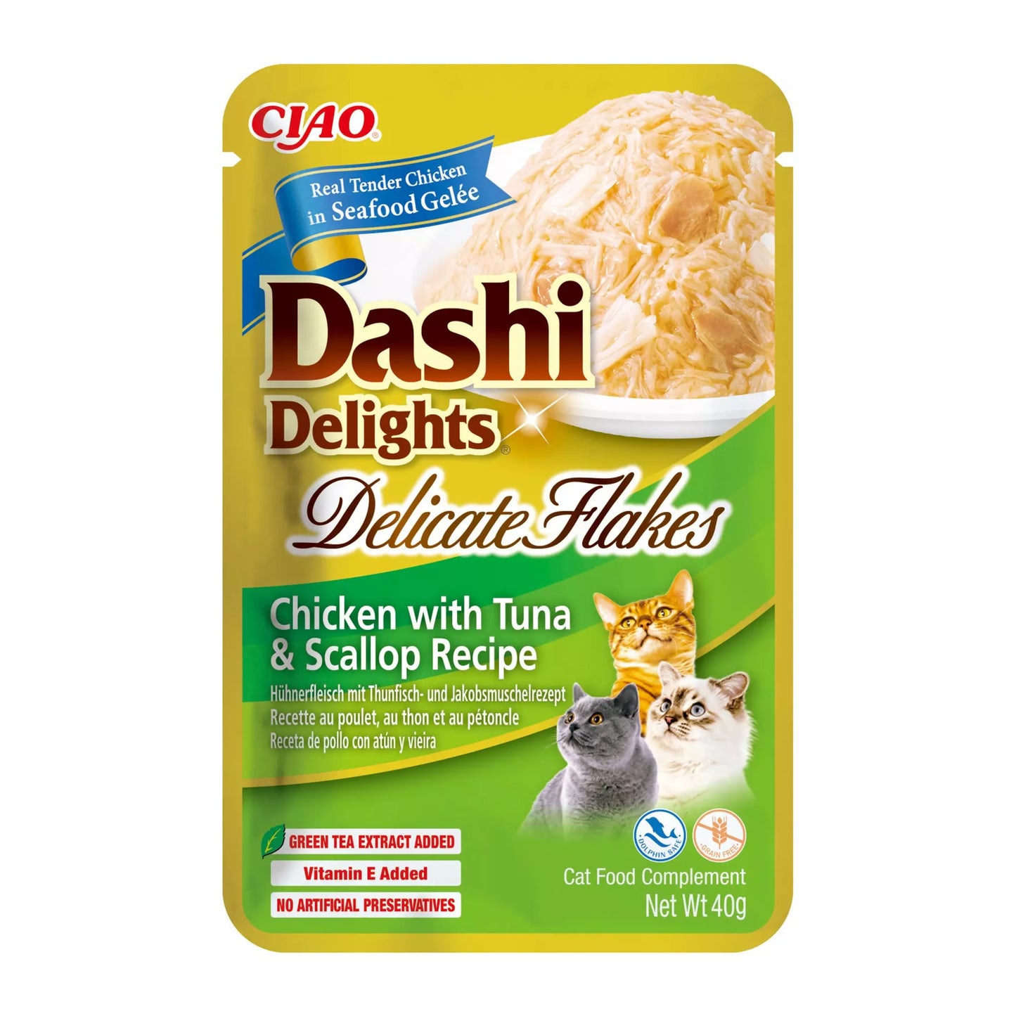 Dashi Delights Delicate Flakes Chicken with Tuna & Scallop Recipe Cat Wet Pouches 40gx12