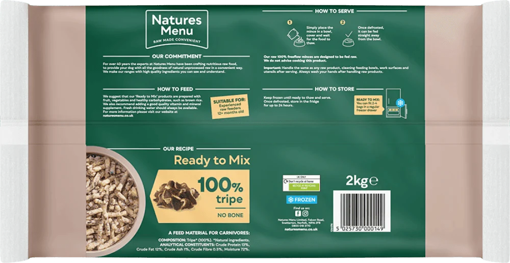 Natures Menu 100% Tripe Freeflow Mince for Adult Dogs 2kg - Ormskirk Pets