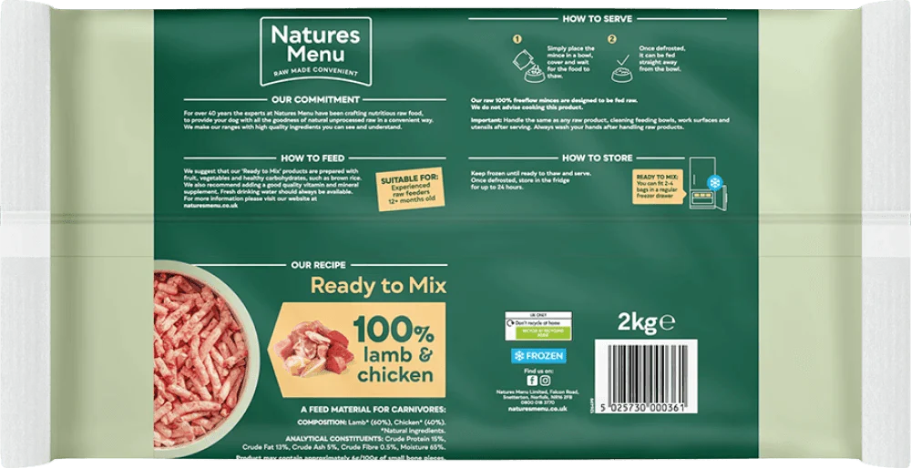 Natures Menu 100% Lamb and Chicken Freeflow Mince for Adult Dogs 2kg - Ormskirk Pets