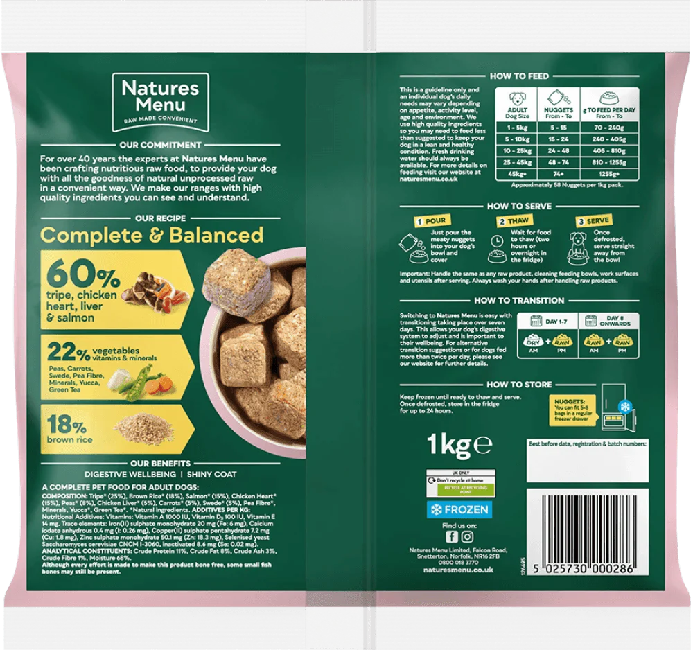 Natures Menu 60/40 Tripe, Chicken Heart, Liver, Salmon, Vegetables and Brown Rice 1KG For Adult Dogs - Ormskirk Pets