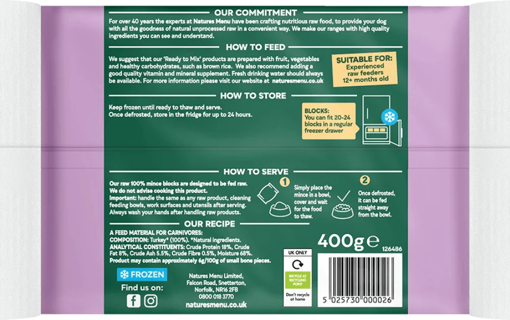 Natures Menu Just 100% Turkey Mince 400g - Ormskirk Pets