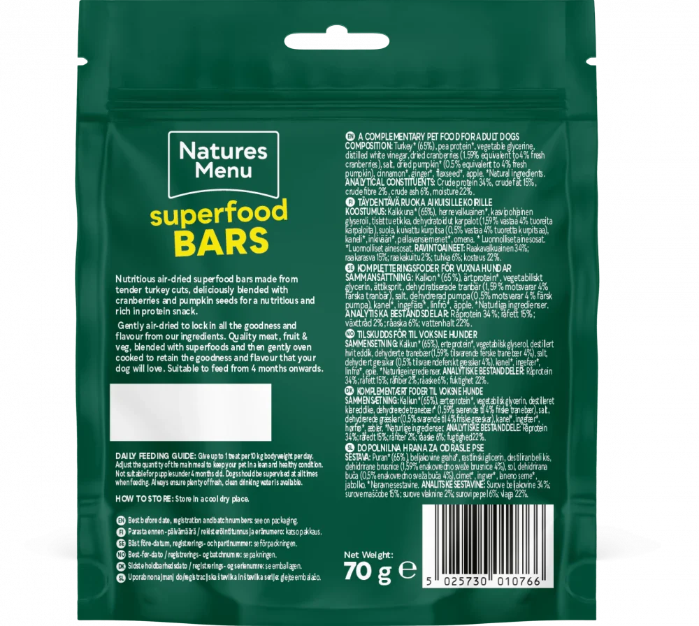 Country Hunter Superfood Bars Dog Treat Turkey With Cranberries And Pumpkin 70G
