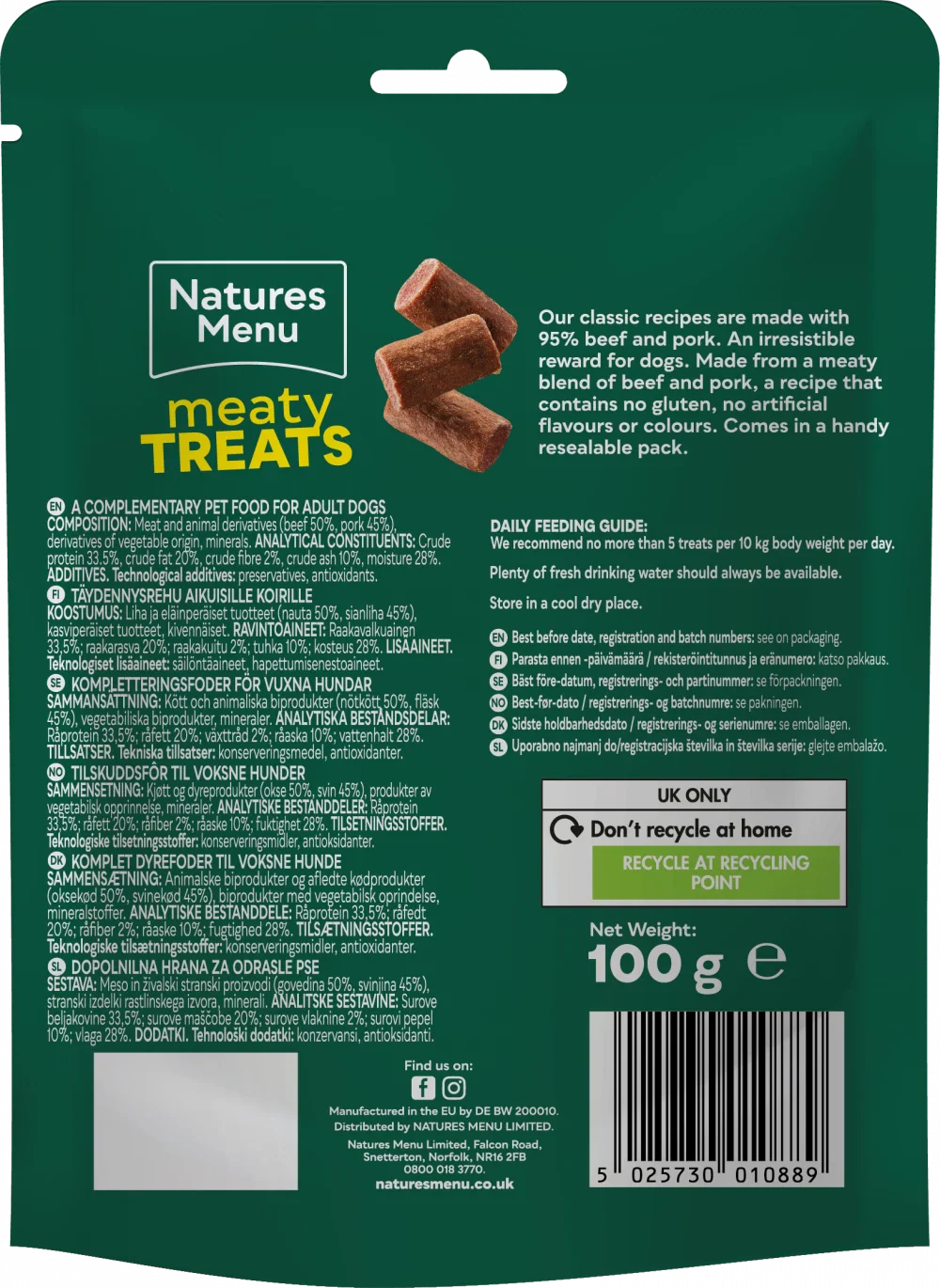 Natures Menu Treats For Adult Dogs Beef And Pork Meaty Treats 100G