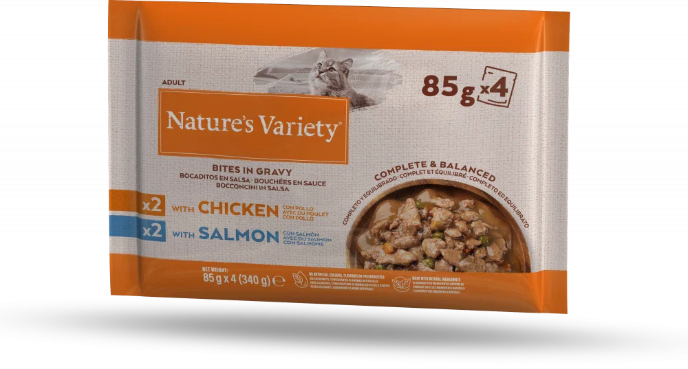 BB: 06/25 - Natures Variety Chicken and Salmon Bites in Gravy Cat Pate 85g x 4 pouches