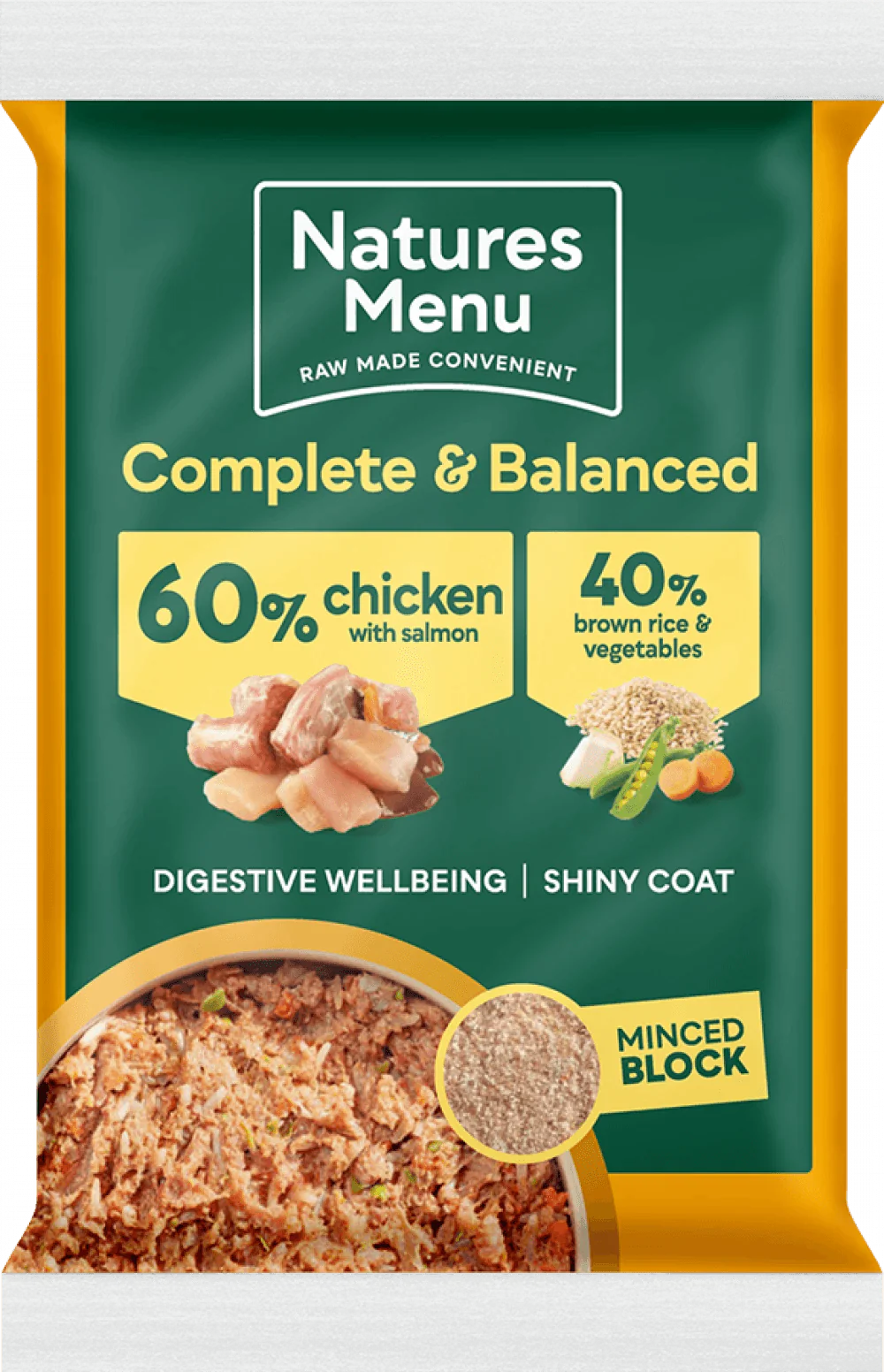 Natures Menu 60/40 Chicken with Salmon, Vegetables and Brown Rice Block 300g - Ormskirk Pets