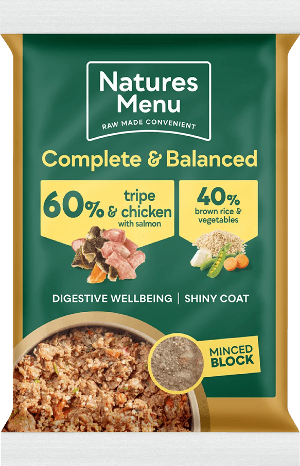 Natures Menu 60/40 Tripe and Chicken with Salmon, Vegetables and Brown Rice Block 300g - Ormskirk Pets